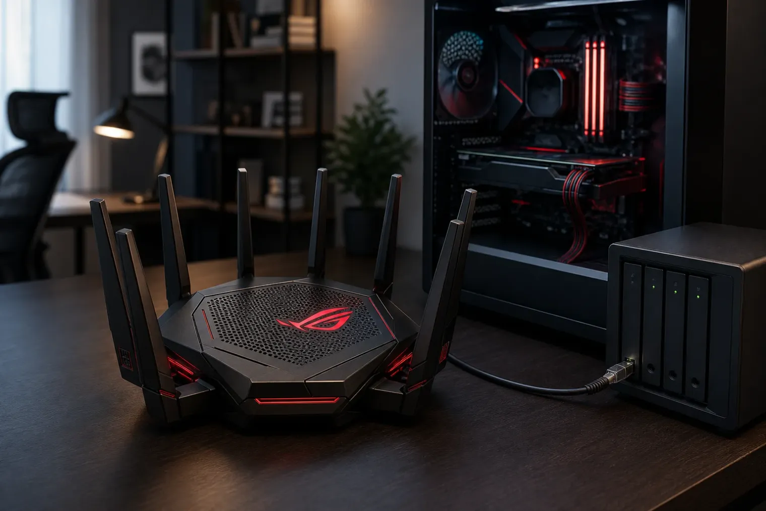 An ASUS ROG Rapture GT-BN98 gaming router with eight antennas on a desk beside a gaming PC in a modern home network setting.