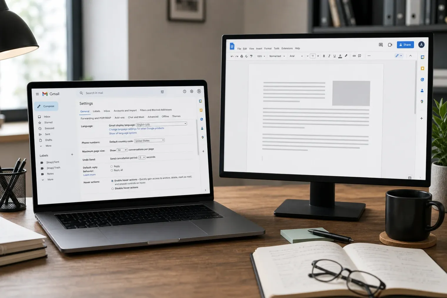 A laptop showing Gmail settings beside a Google Docs document, with the Google logo visible on the screen.