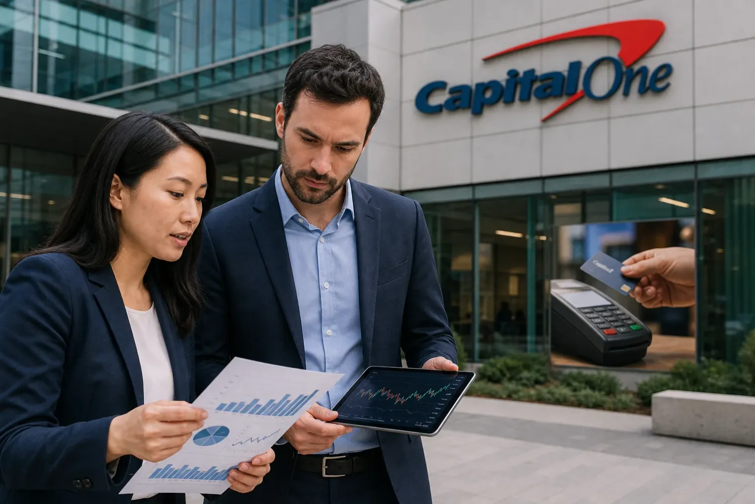 Capital One office building with the official Capital One logo, credit card transaction imagery and financial analysts reviewing market charts.