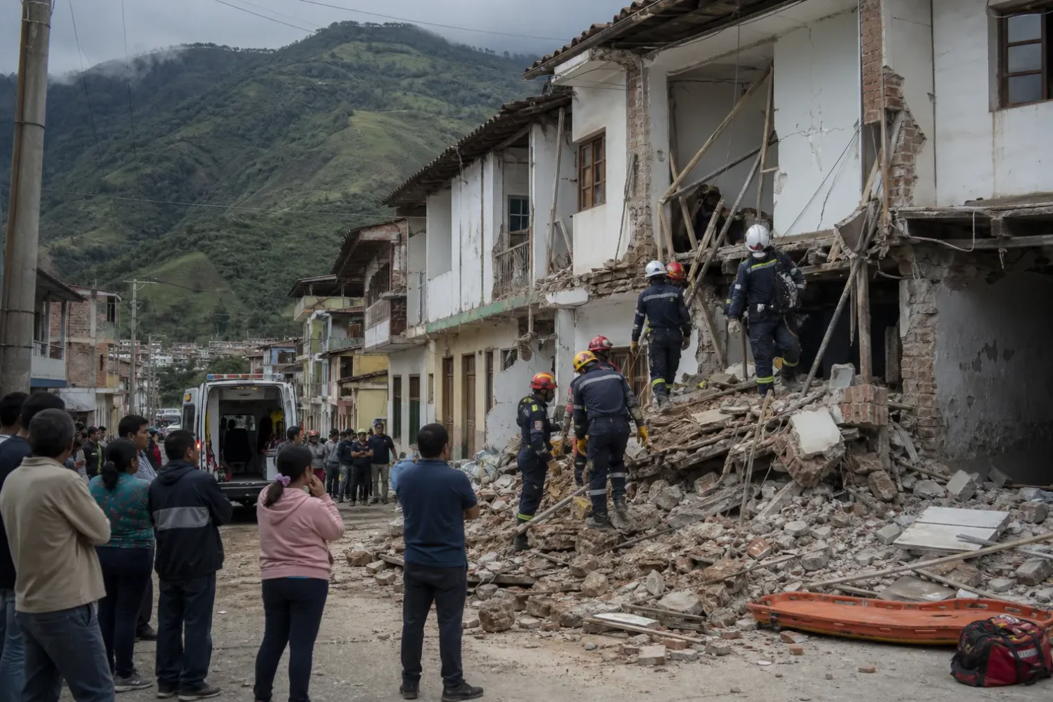 Emergency workers inspect damaged buildings on a street in western Colombia after an earthquake, with mountains in the distance.