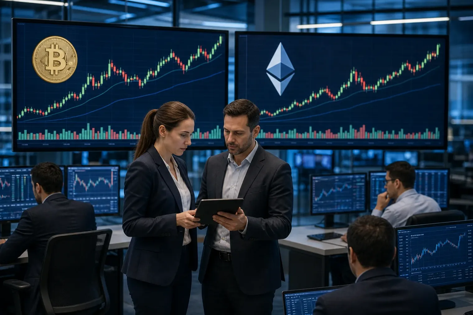 A financial-market display showing Bitcoin and Ethereum price charts with candles rising through a volatile trading session.