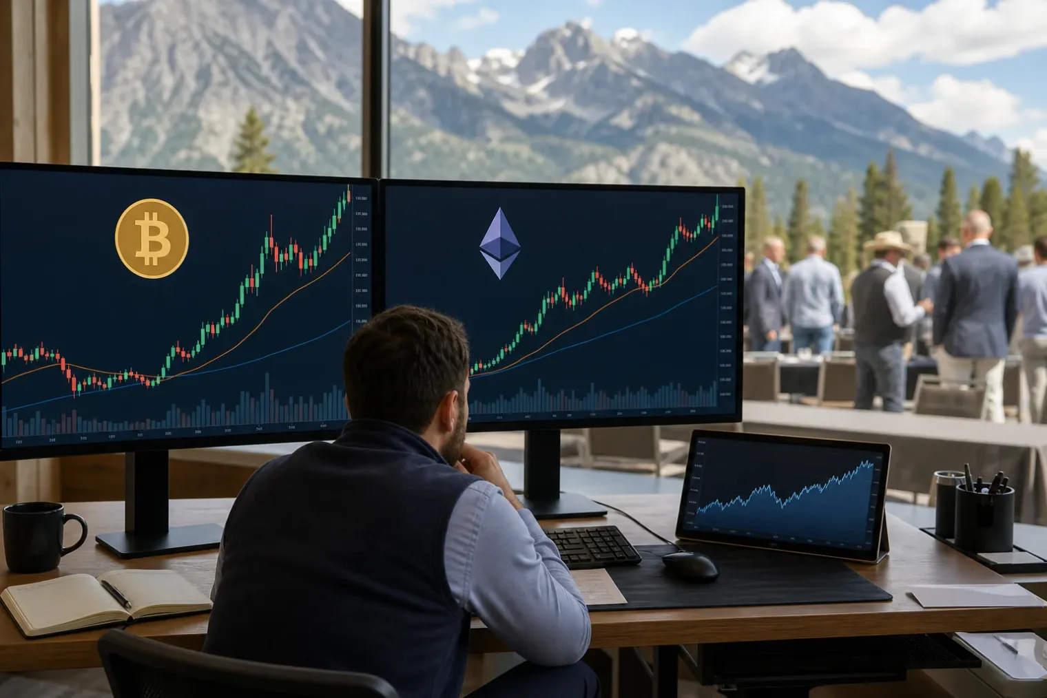 A financial-market workstation displaying Bitcoin and Ethereum price charts beside a blurred mountain conference setting.