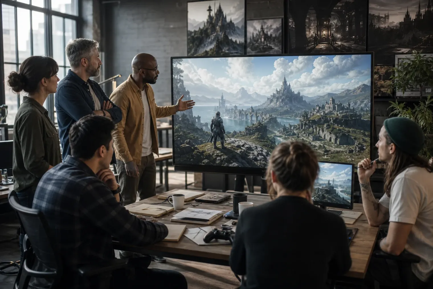 A fantasy game studio meeting room with developers reviewing a medieval open-world scene on large monitors.