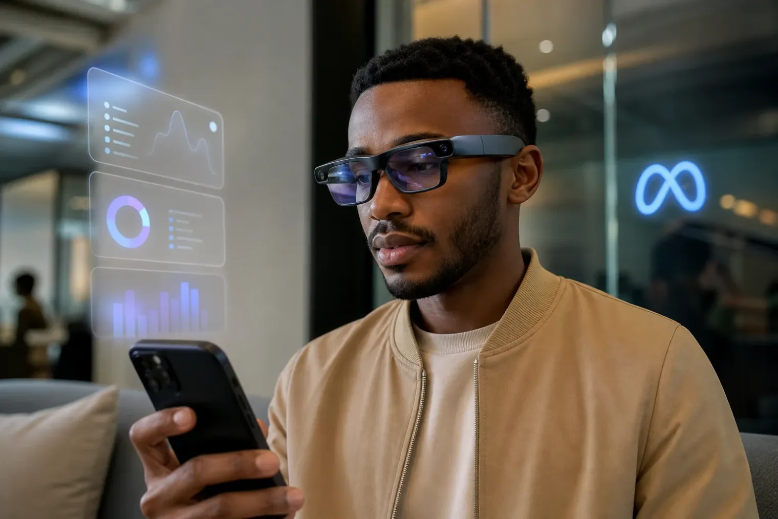 A person using AI glasses beside a smartphone displaying an abstract personal assistant interface, with the Meta logo visible in the background.