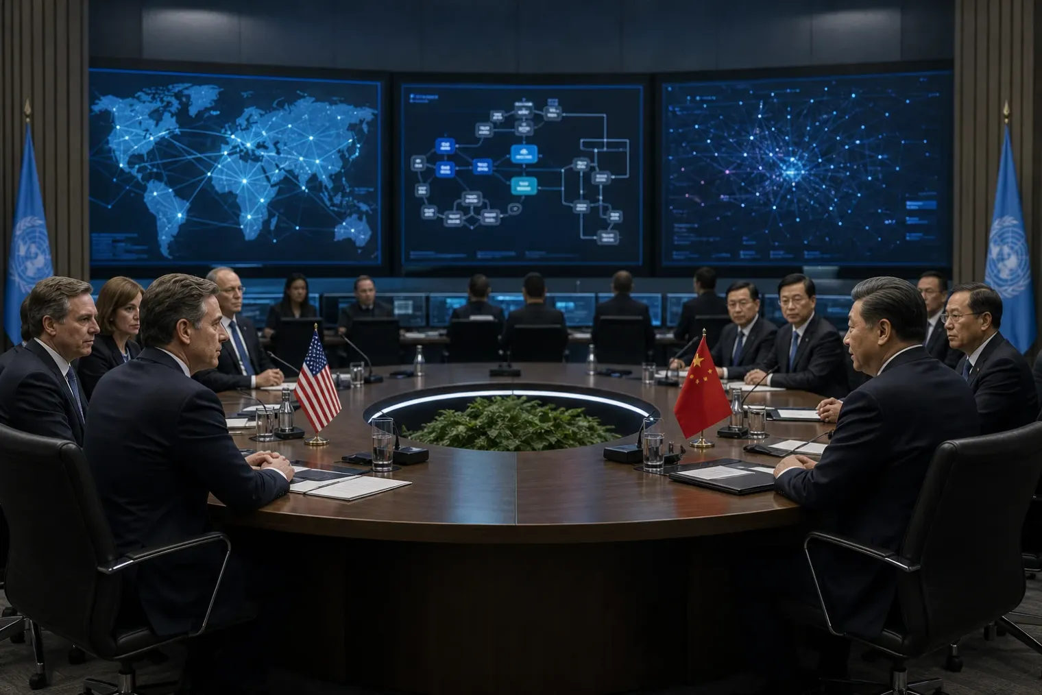 A secure international policy meeting with cybersecurity analysts monitoring AI agent activity on screens.