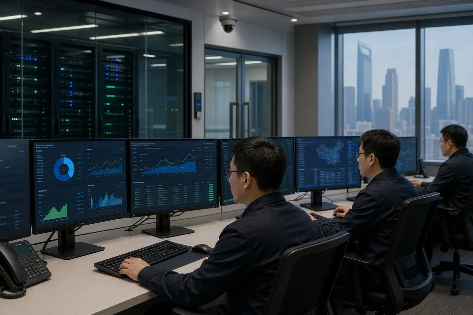 A secure government IT operations room in China with administrators reviewing Windows device updates on workstation monitors.