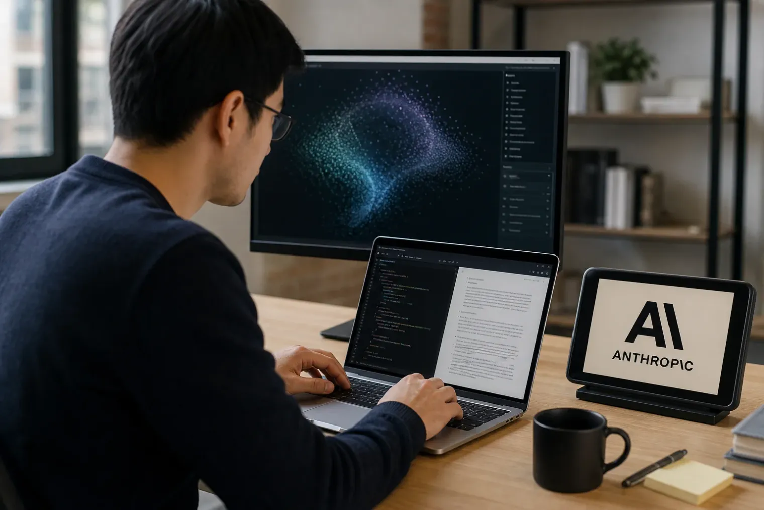 A software developer reviewing generated text and code on a laptop beside an Anthropic logo on a small display.