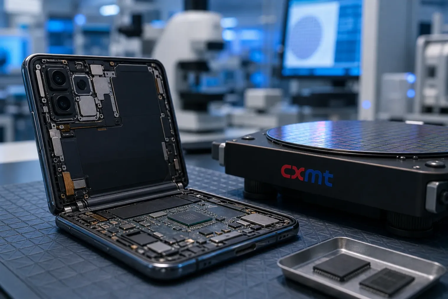 A close-up of a foldable smartphone motherboard with a CXMT LPDDR6 memory package beside a precision semiconductor testing station.