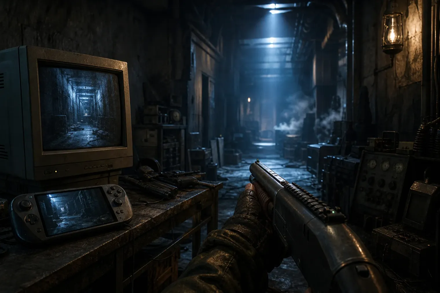 A dark industrial corridor inspired by a 2009-era supernatural first-person shooter, with a vintage computer monitor and a modern handheld gaming device.