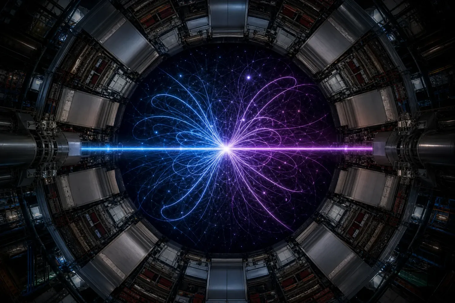 An editorial illustration of proton beams colliding inside a particle detector, with paired particle tracks and a subtle quantum-field pattern around the collision point.