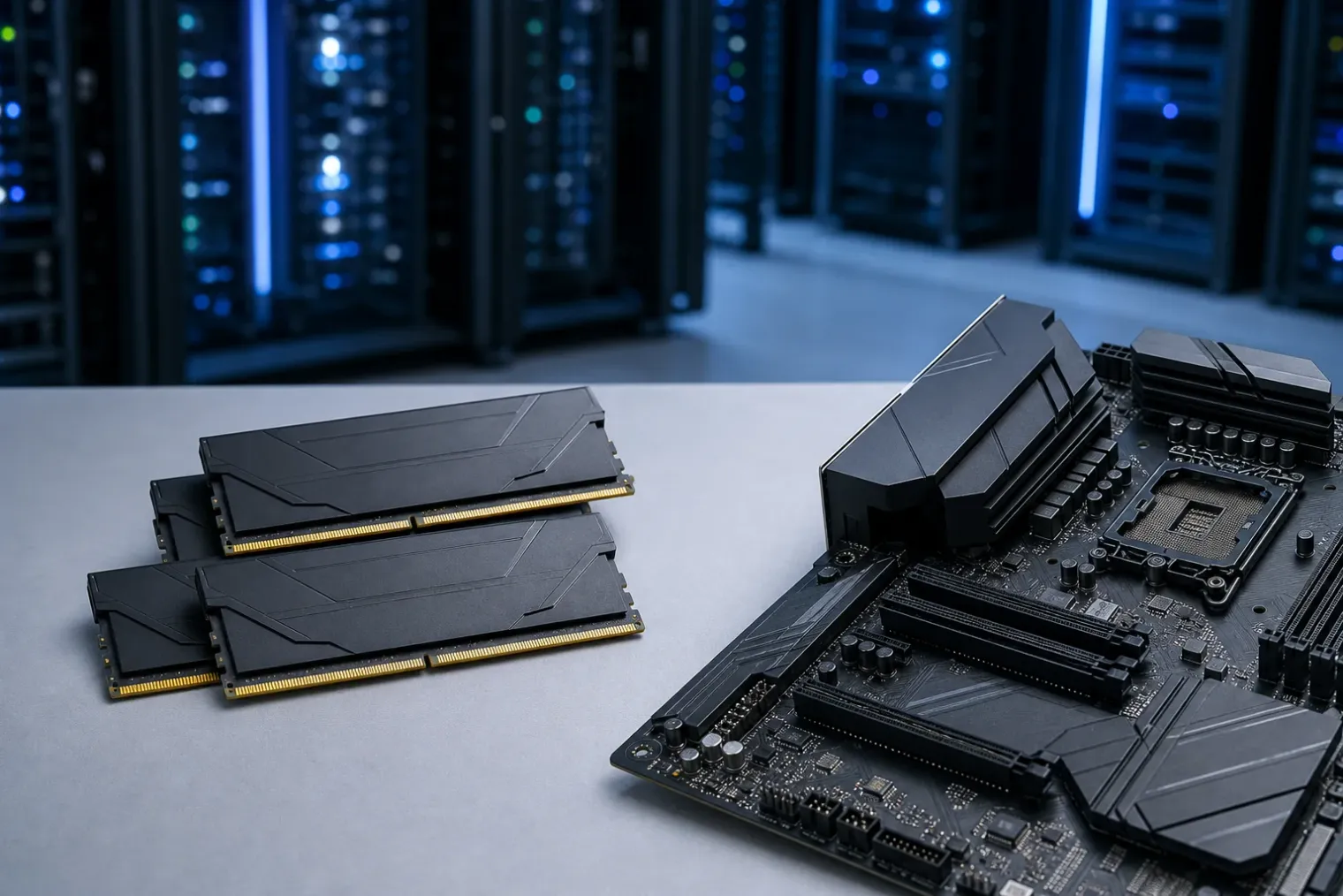 Close-up of DDR5 memory modules on a workbench beside a desktop motherboard, with data-centre server racks in the background.