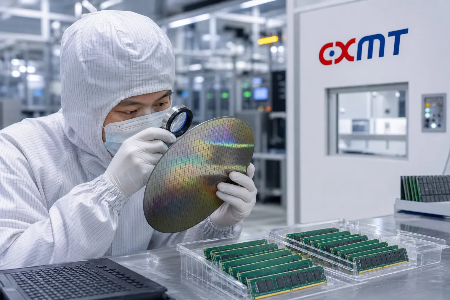 A clean-room semiconductor engineer inspecting a DDR5 memory wafer beside packaged memory modules and the CXMT logo.
