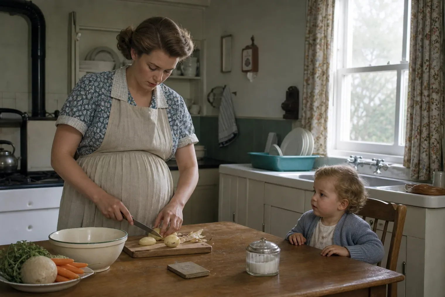 An editorial illustration of a 1950s British family kitchen with a mother preparing a simple meal for a young child and a sugar ration book on the table.