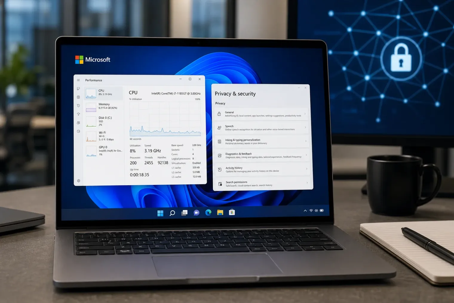 A Windows 11 laptop showing a performance diagnostic panel beside a privacy settings screen, with the Microsoft logo visible in a modern office.