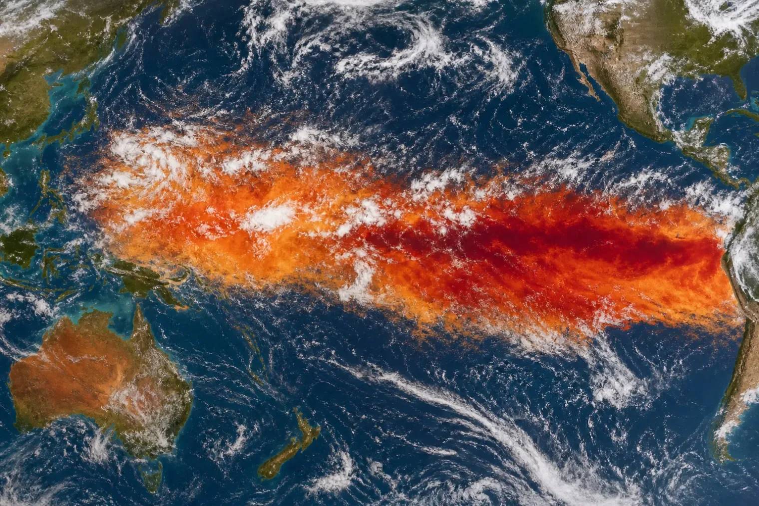 Satellite-style view of unusually warm surface waters spreading across the central and eastern equatorial Pacific Ocean, with tropical cloud bands overhead.