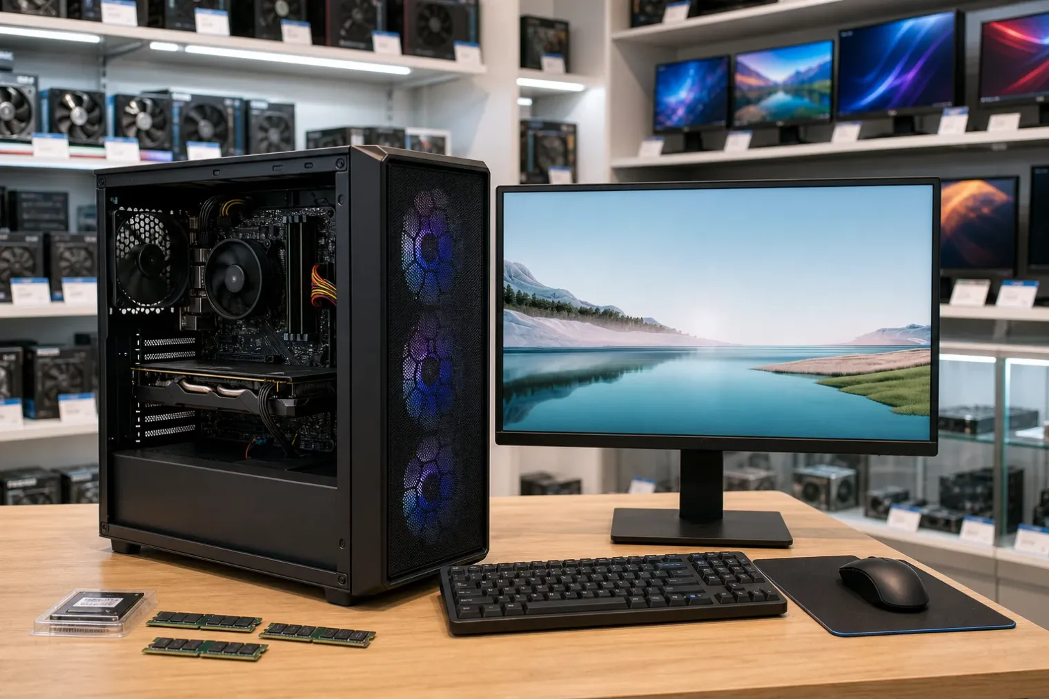 A budget desktop PC setup with a graphics card beside a 24-inch monitor in a retail-style hardware display.