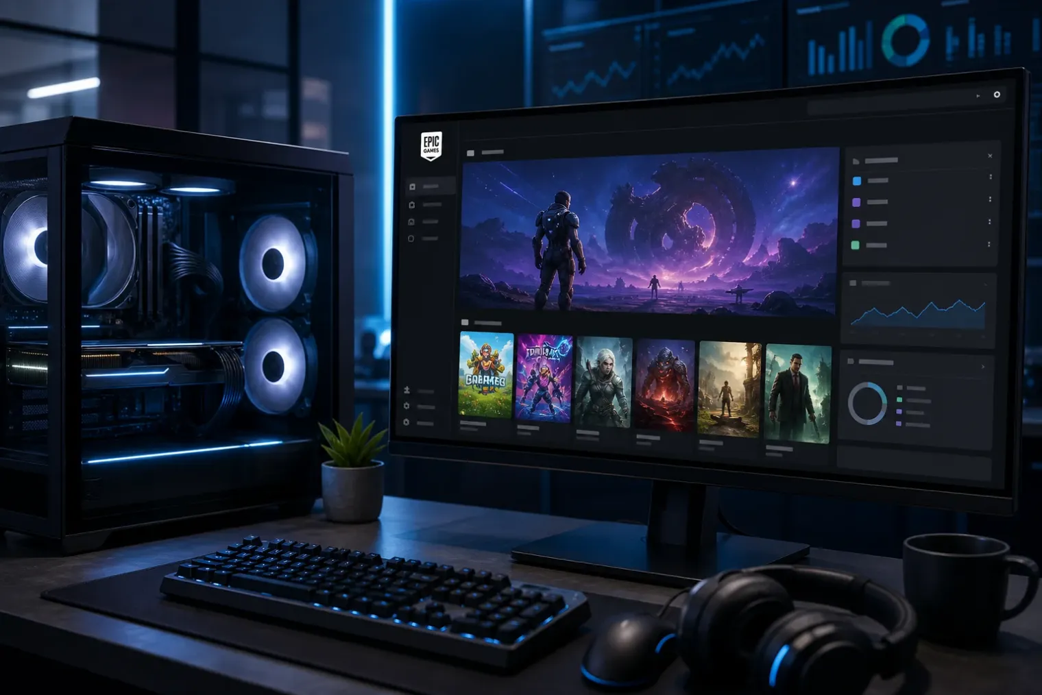 A desktop gaming setup showing the Epic Games Store on a monitor, with the official Epic Games logo displayed on the screen.