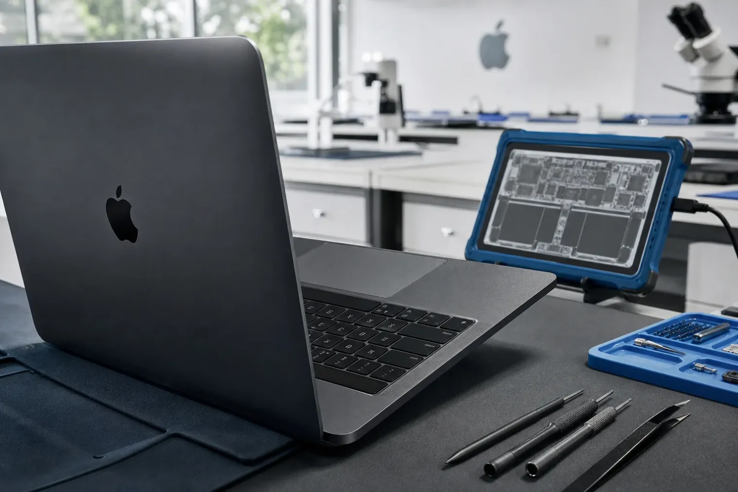 A space black MacBook Pro open on a repair technician’s workbench, with the Delete key area visible near the upper-right corner of the keyboard.
