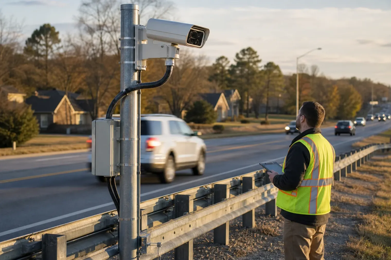 A roadside licence-plate reader camera mounted near a guardrail on a suburban Tennessee road, with traffic passing in the distance.