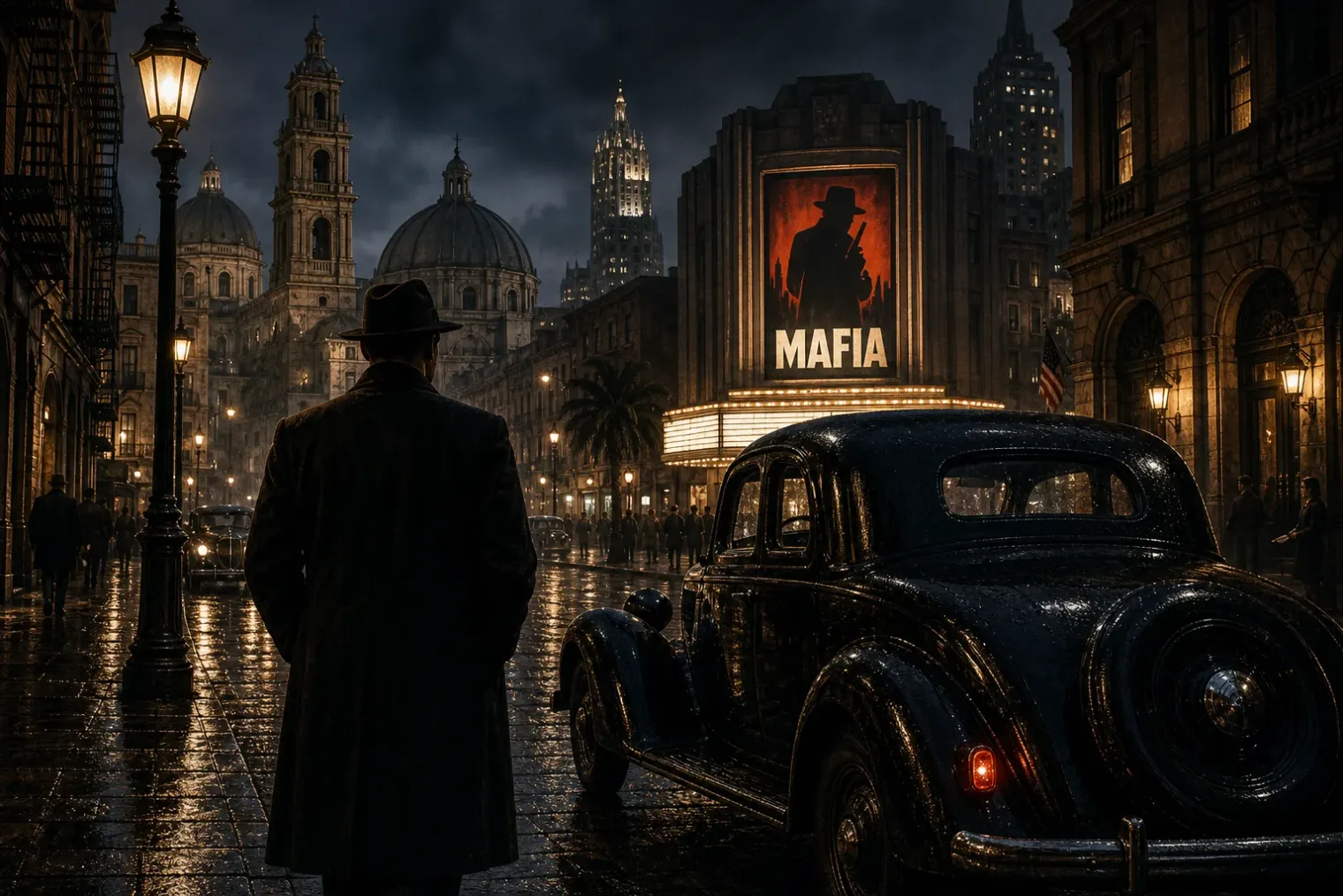 A noir-inspired 1930s city street with a vintage car, a suited gangster silhouette and the Mafia logo on a distant illuminated cinema sign.