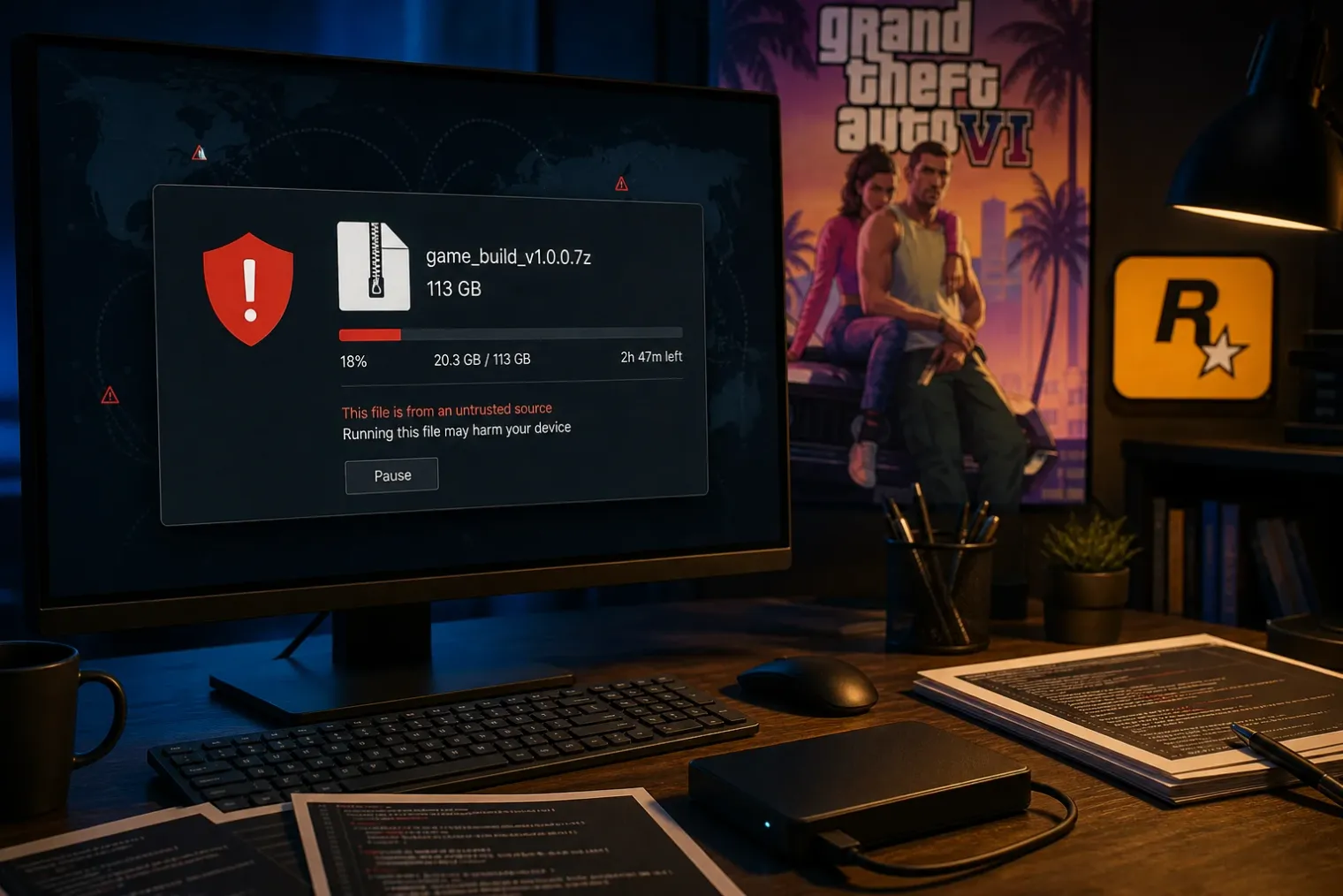A desktop computer showing a suspicious oversized game download warning beside a shield icon, with Grand Theft Auto VI artwork and the Rockstar Games logo in the background.