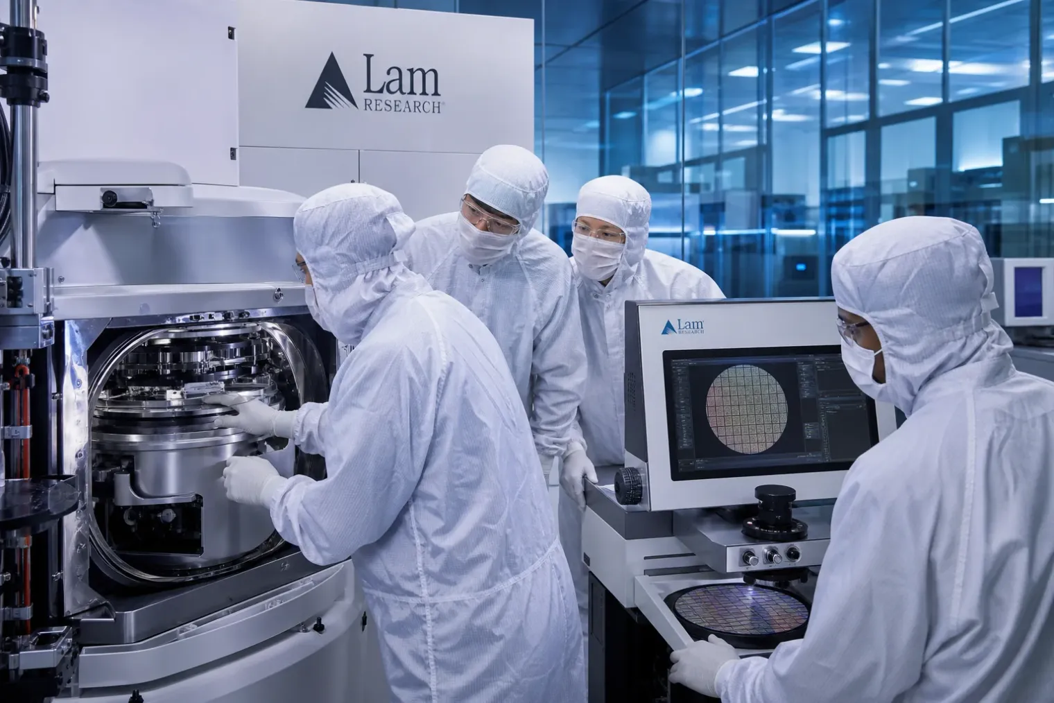 Engineers in a Lam Research semiconductor process laboratory examining wafer-processing equipment, with the Lam Research logo visible.