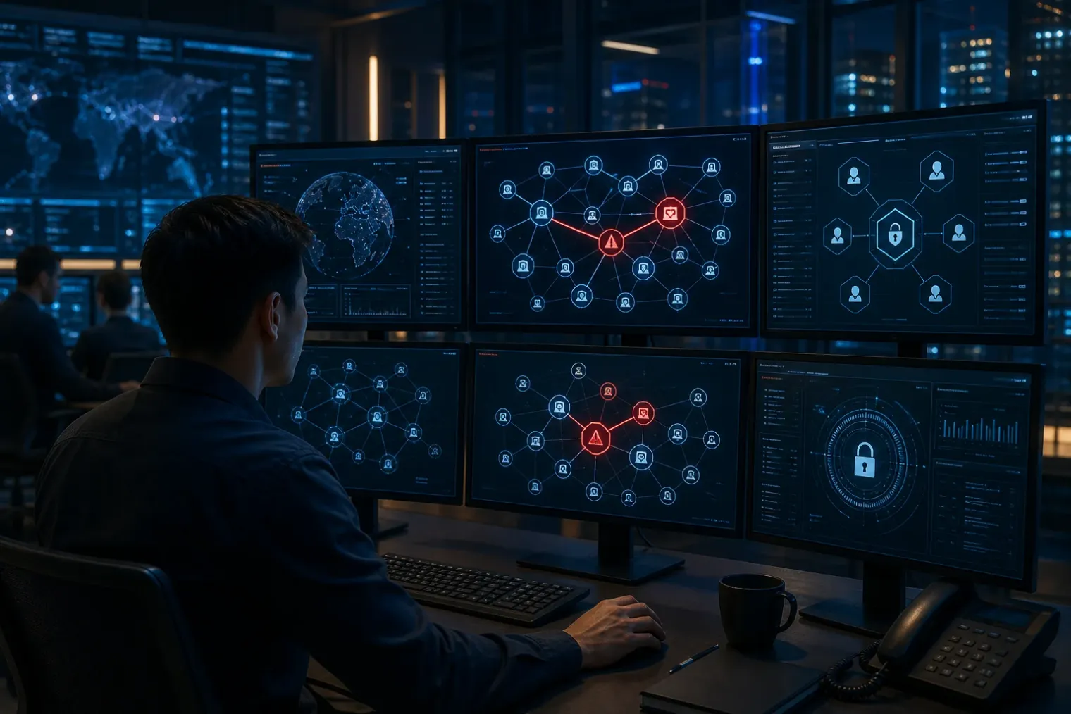 A security analyst monitors a network map showing connected AI agent nodes and an isolated alert path on multiple screens.