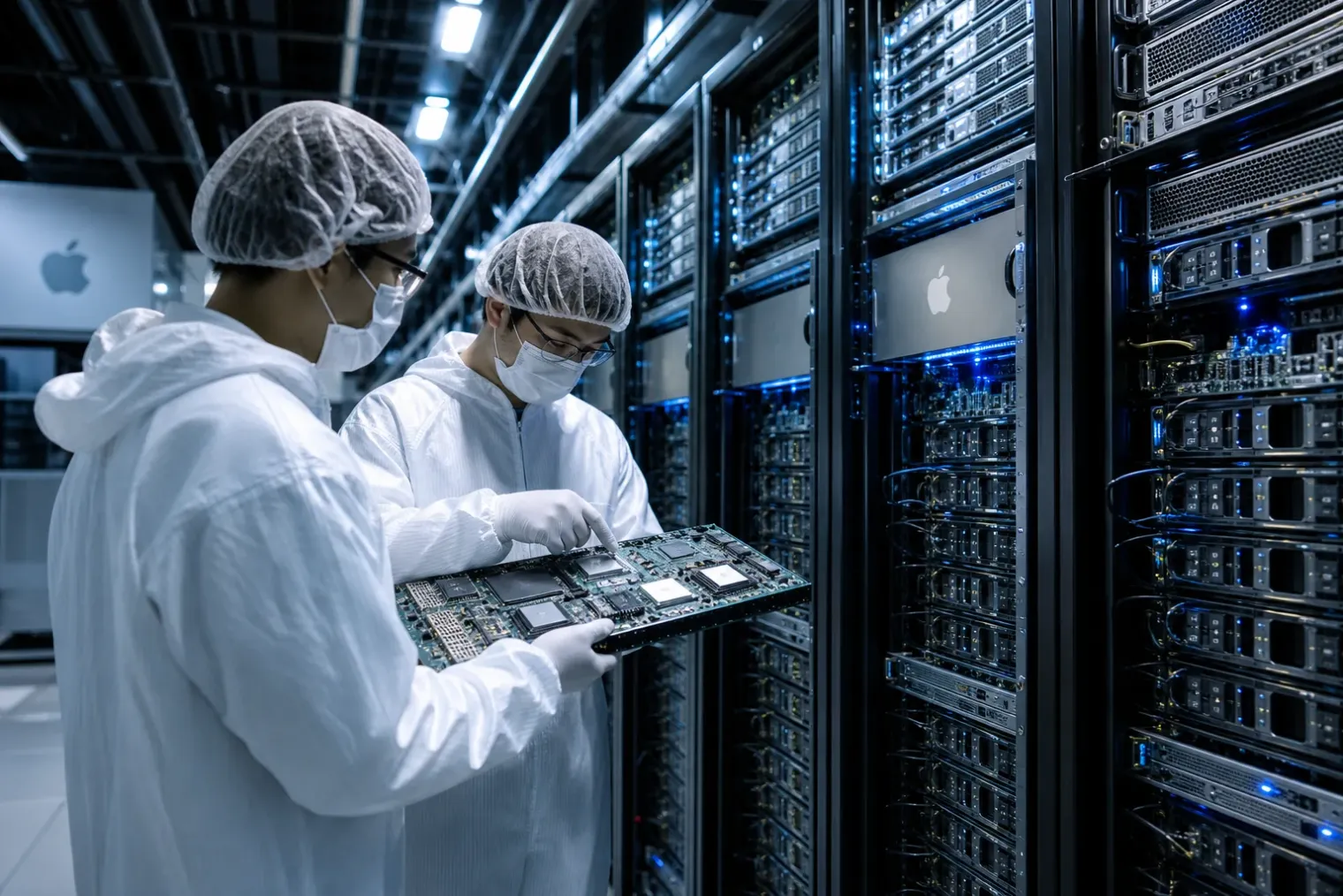 Technicians assemble Apple-branded AI server hardware in a modern data centre with illuminated server racks.