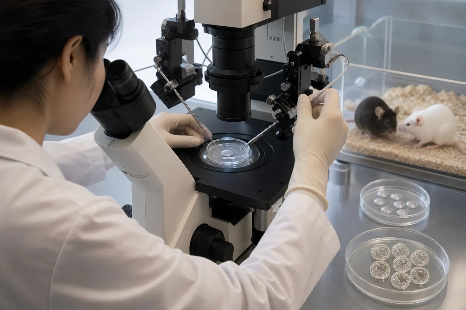 Scientific illustration of a mouse embryo nuclear-transfer procedure with male and female laboratory mice in a controlled research setting.