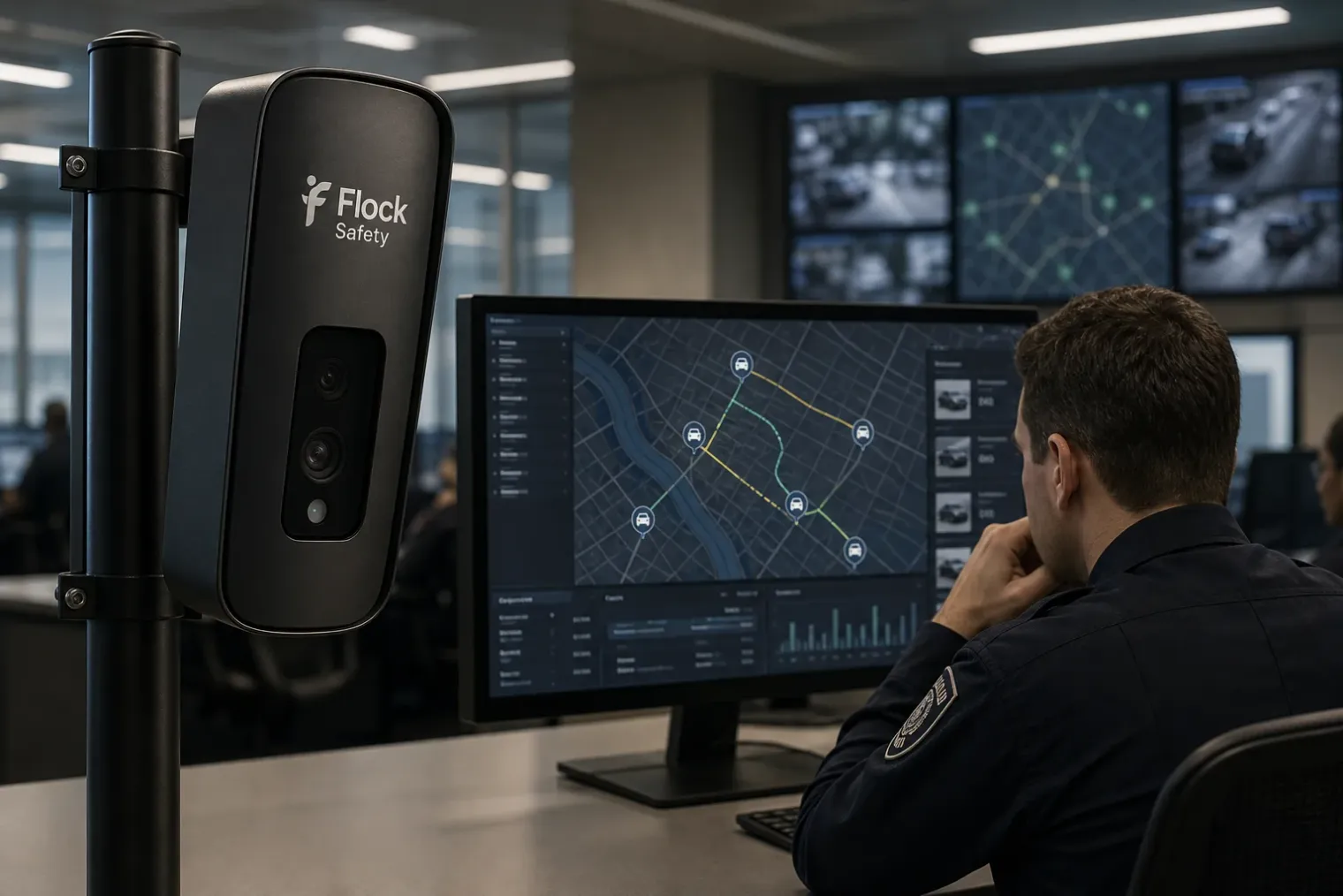 A Flock Safety licence plate recognition camera beside a police analyst reviewing a map-based vehicle search interface in a modern operations centre.