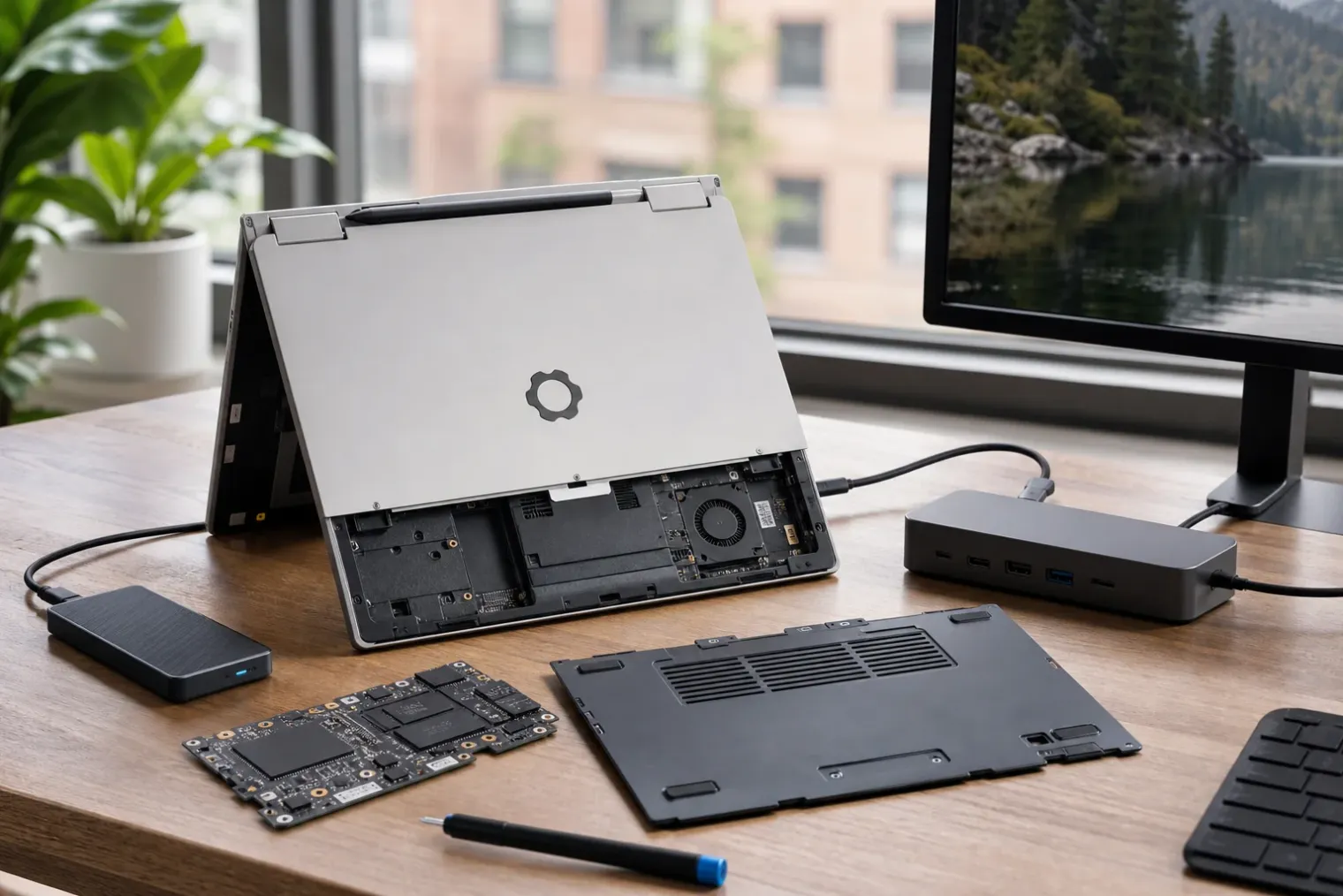 A compact Framework Laptop 12 convertible on a desk, shown with a USB-C Thunderbolt dock, external display and a visible Framework logo.