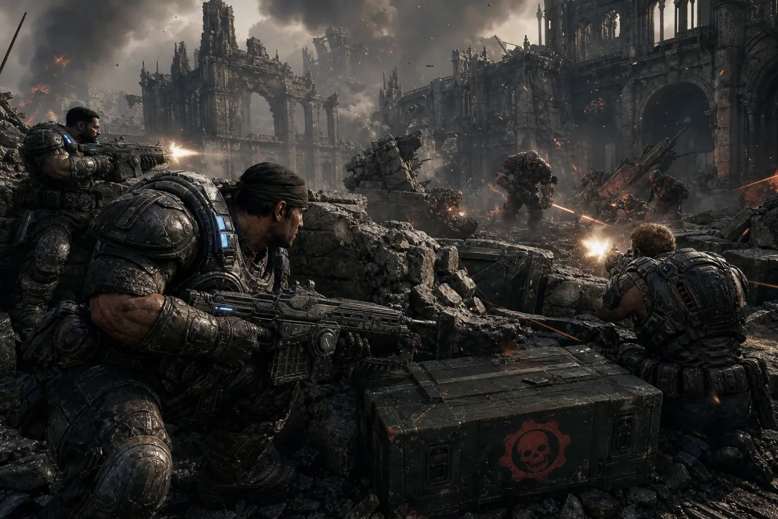 Gears of War: E-Day soldiers taking cover in a ruined city during a multiplayer battle.