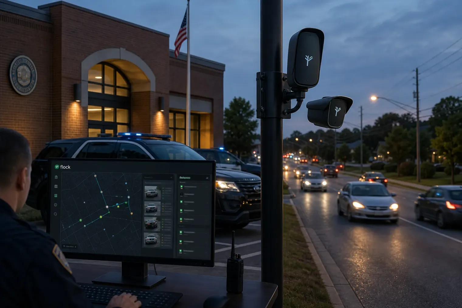 An editorial illustration of a police surveillance dashboard showing vehicle-location searches beside roadside licence-plate cameras outside a Georgia police station.