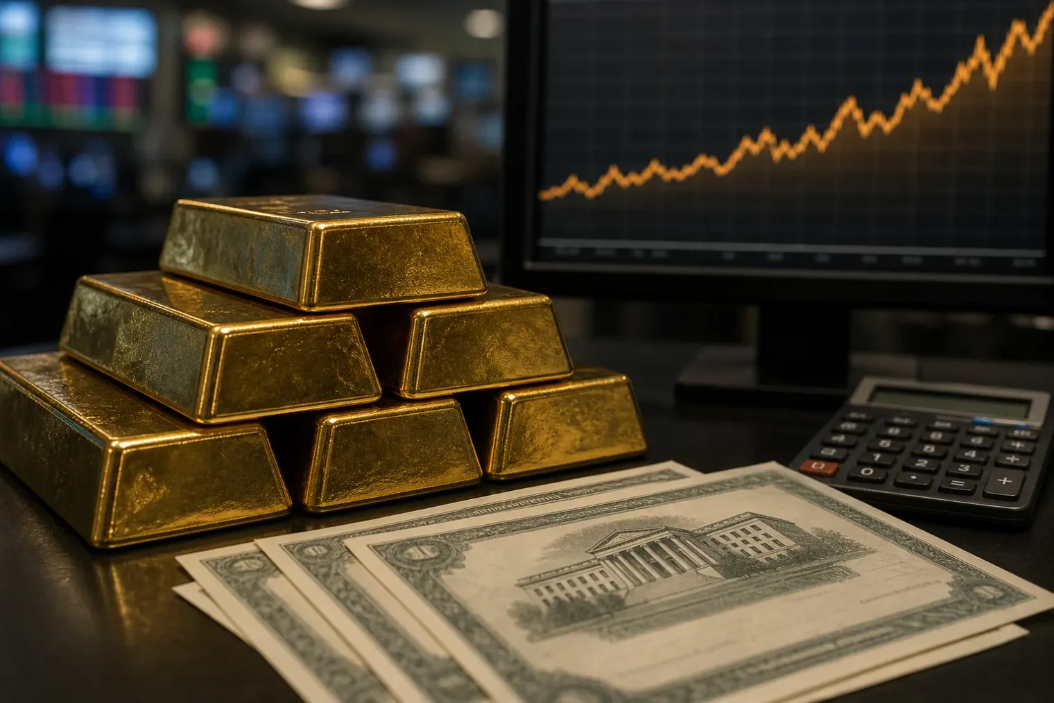 Gold bars and a market-price chart on a trading desk beside US Treasury documents.