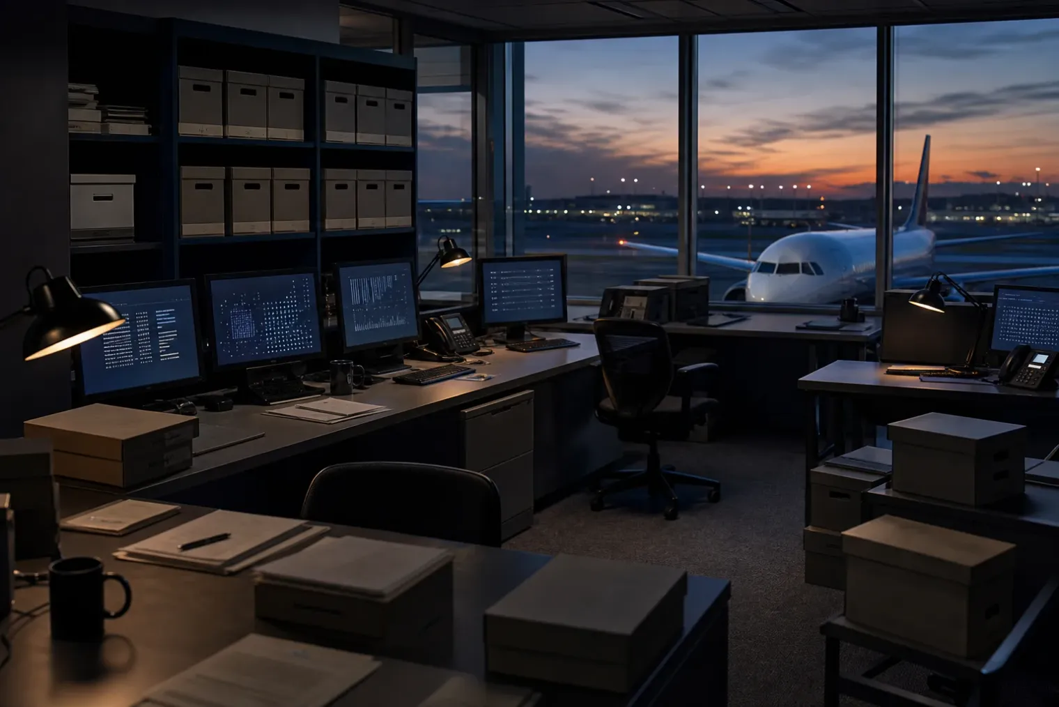 A closed airline office with secure archive boxes, anonymised data screens and a parked passenger aircraft visible through the window.