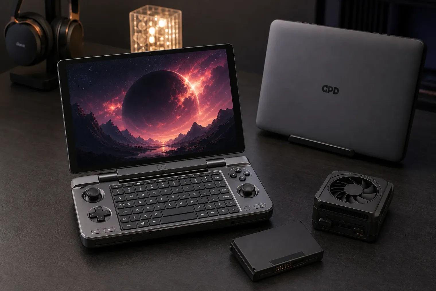 A GPD Win Max 3 handheld PC with an open keyboard, OLED display and removable cooling module on a desk.
