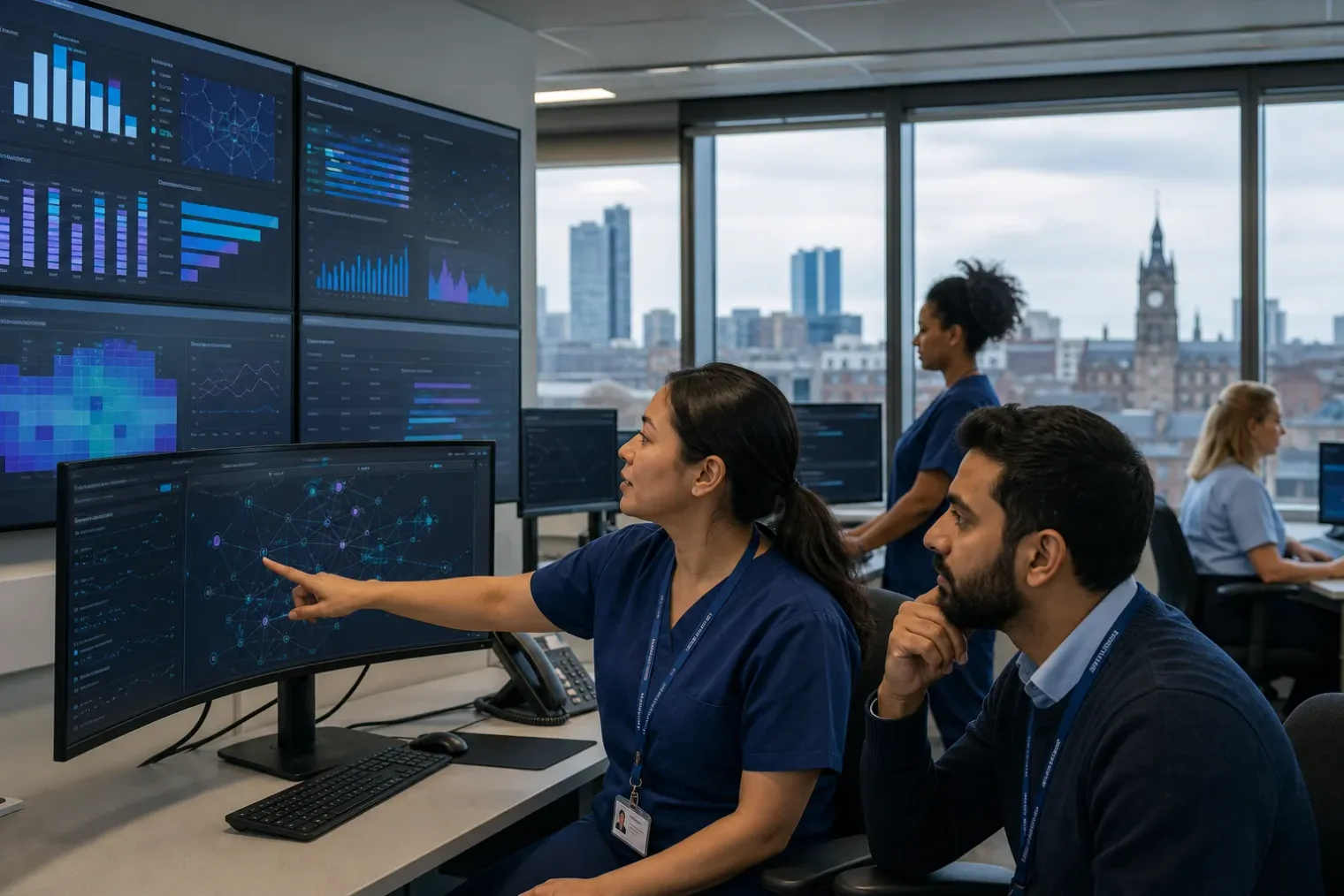 A clinician and data analyst review an abstract patient-flow dashboard in a Greater Manchester hospital setting, with the Palantir logo displayed on a separate screen.