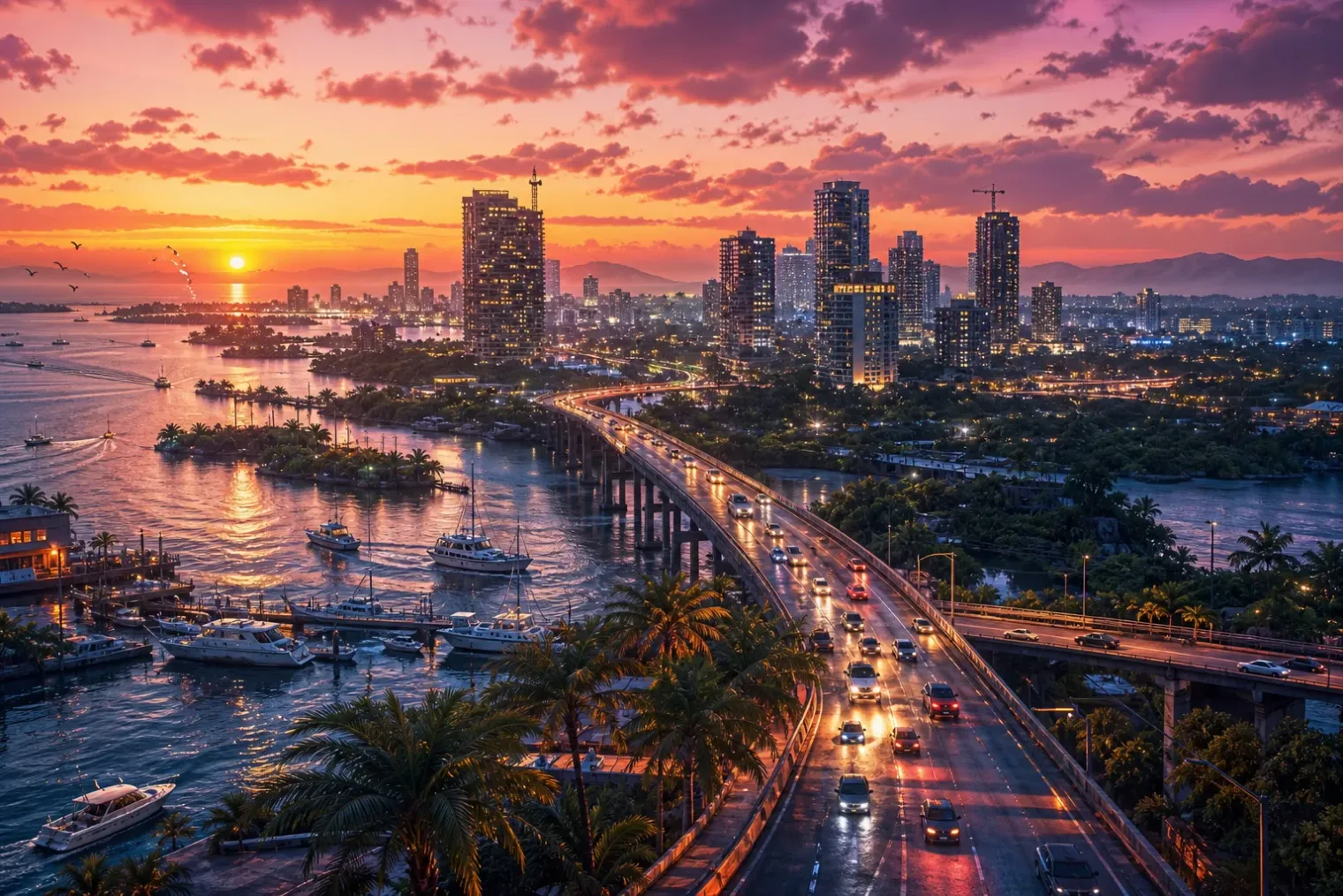 A fictional tropical coastal city at sunset with a highway, marina, wetlands and distant high-rise buildings.