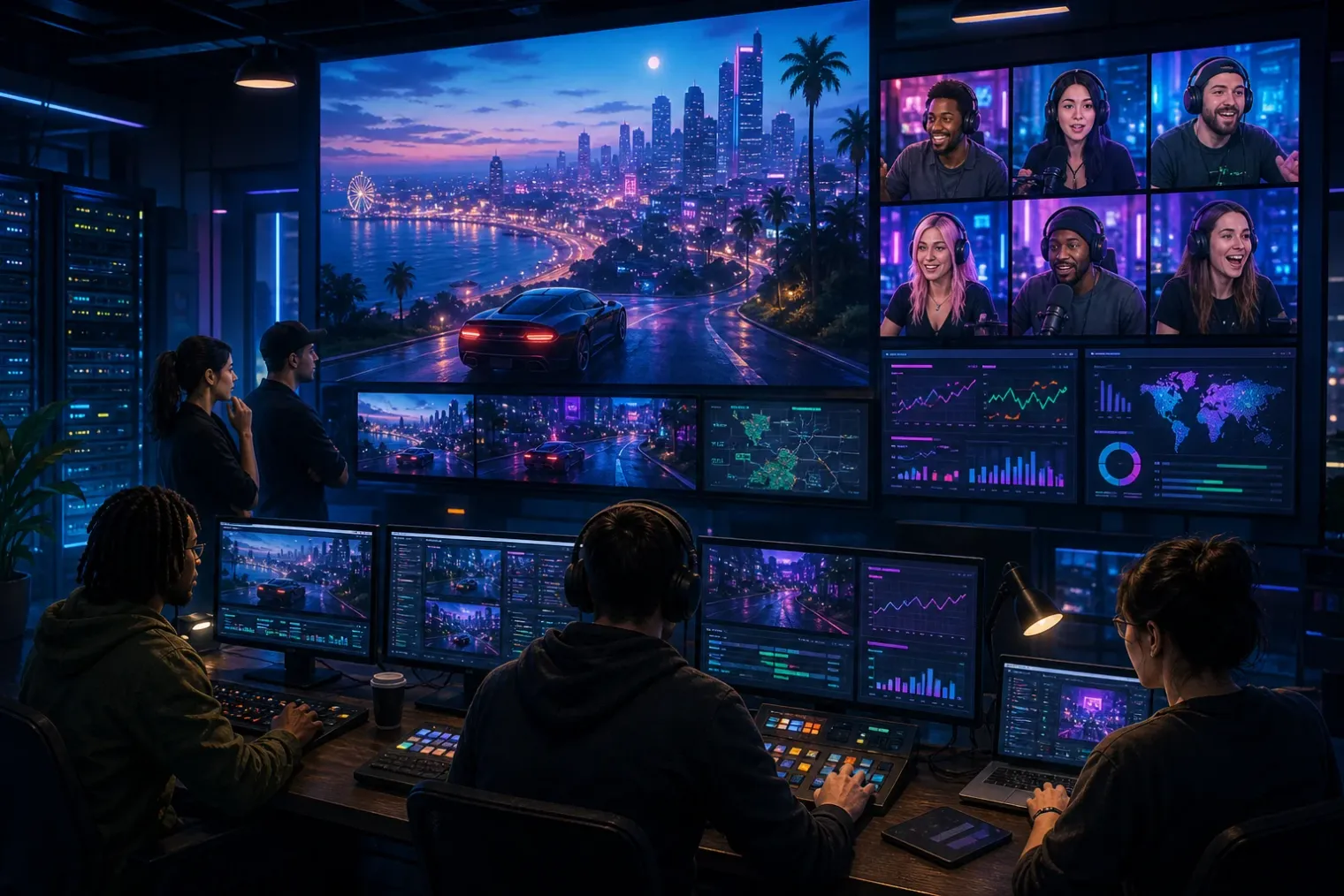 A modern streaming control room showing multiple screens with a fictional open-world city game broadcast and active live audience analytics.