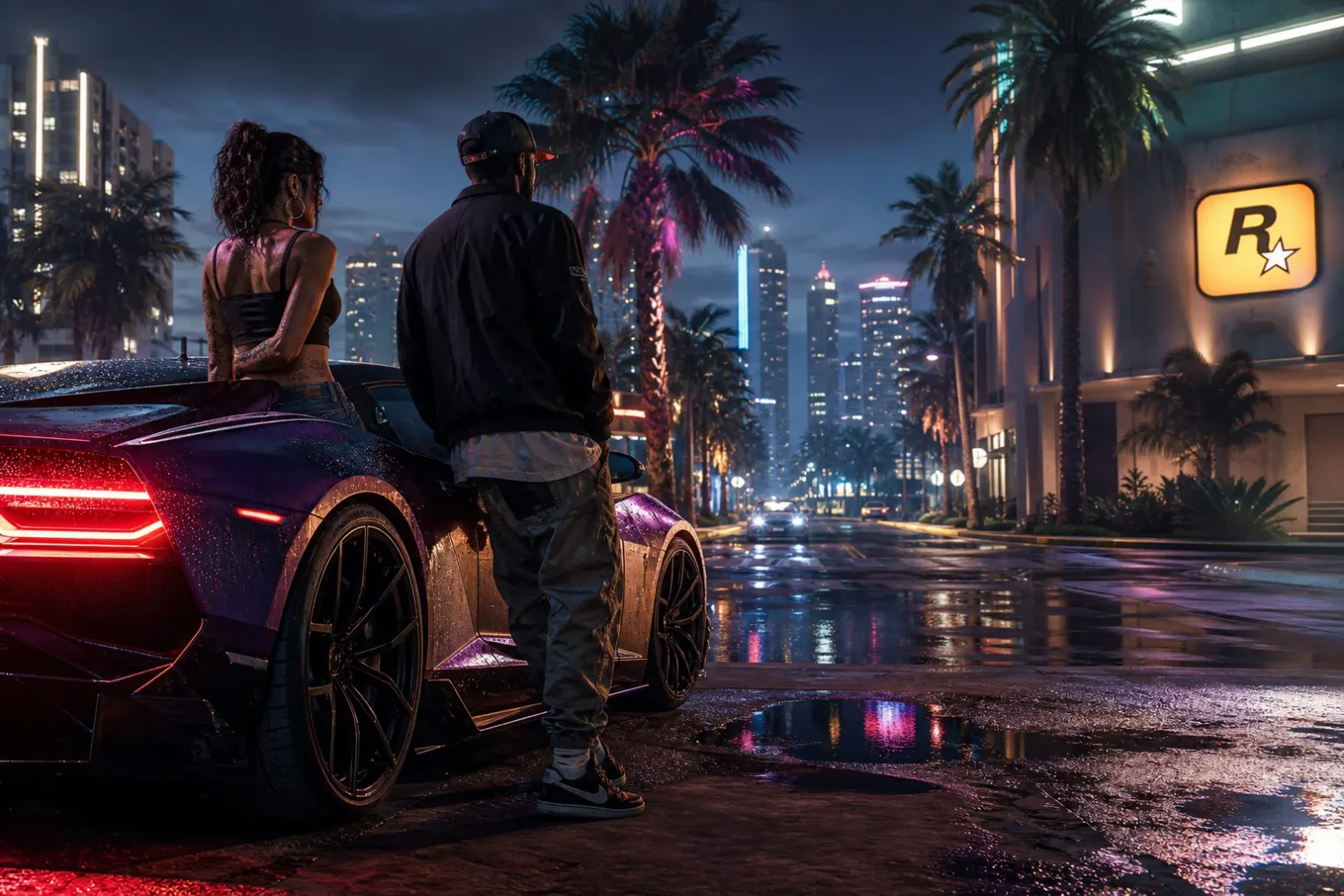 A cinematic nighttime street in a fictional Florida-inspired city, with two characters beside a sports car and the Rockstar Games logo on a nearby studio sign.