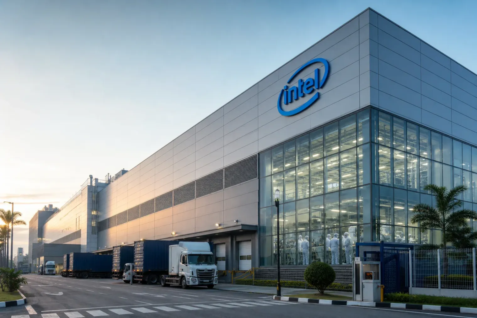 Intel’s blue logo outside a modern semiconductor packaging facility in Penang, Malaysia, with engineers in cleanroom clothing visible through glass.