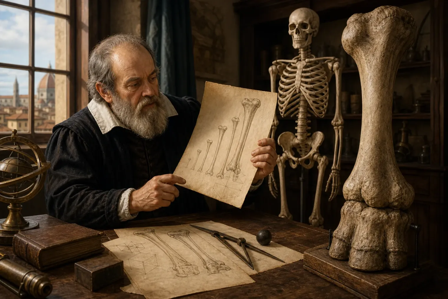 Editorial illustration of Galileo examining a scaled human skeleton diagram beside a large robust animal skeleton in a Renaissance workshop.