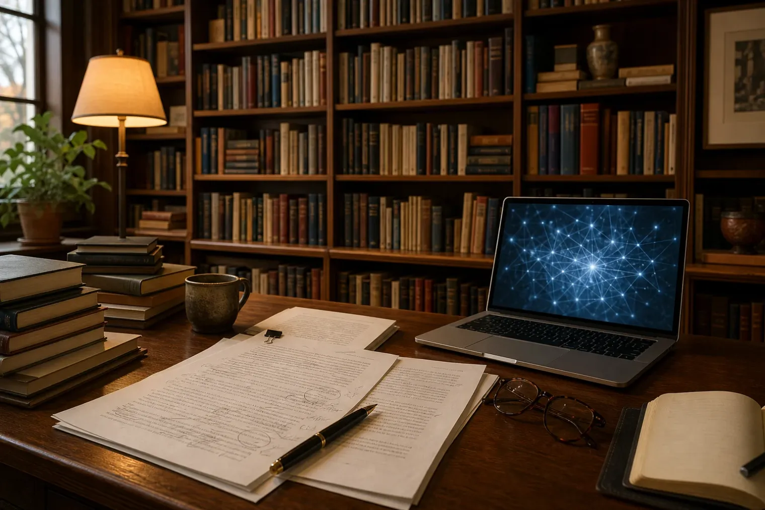 A quiet publishing workspace with shelves of varied books, manuscript pages and a laptop showing abstract AI network imagery.