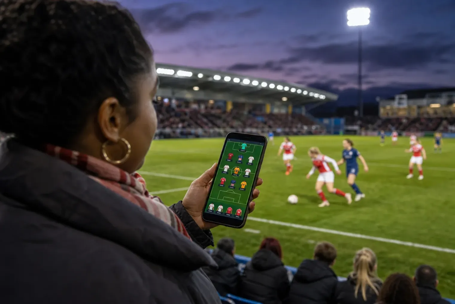 A supporter uses a fantasy football app on a smartphone while watching a women’s football match in a modern stadium.