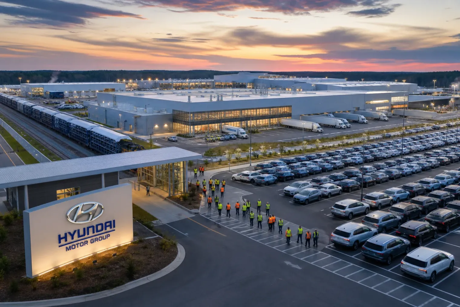 Aerial editorial view of Hyundai Motor Group Metaplant America in Georgia with vehicle assembly buildings, parked electric and hybrid vehicles and logistics traffic.