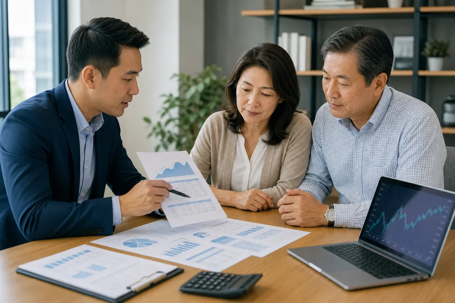 A financial adviser reviews a life insurance illustration with a couple at a desk, alongside a market chart and policy documents.