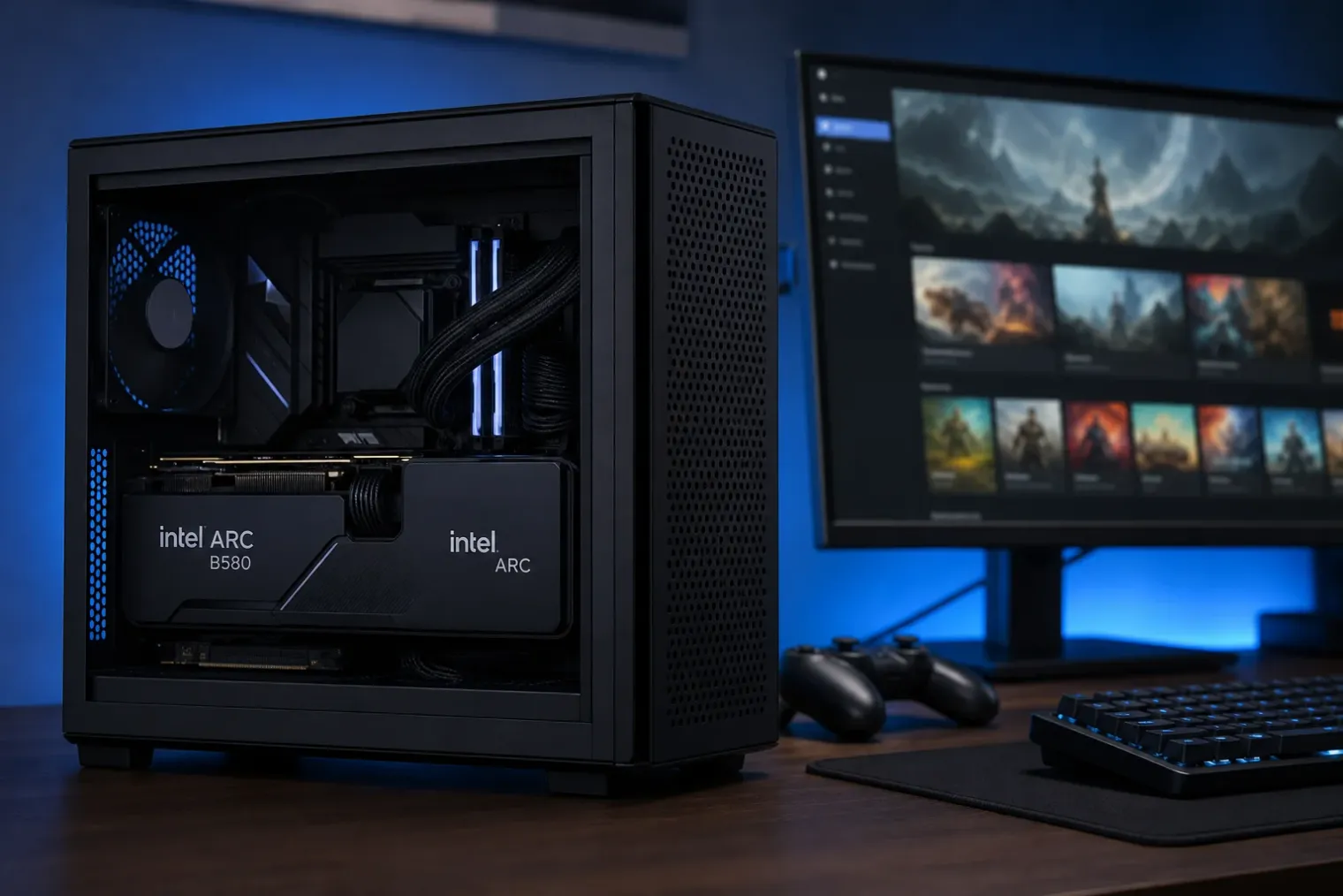 An Intel Arc B580 graphics card installed in a compact gaming PC showing SteamOS gameplay on a monitor.