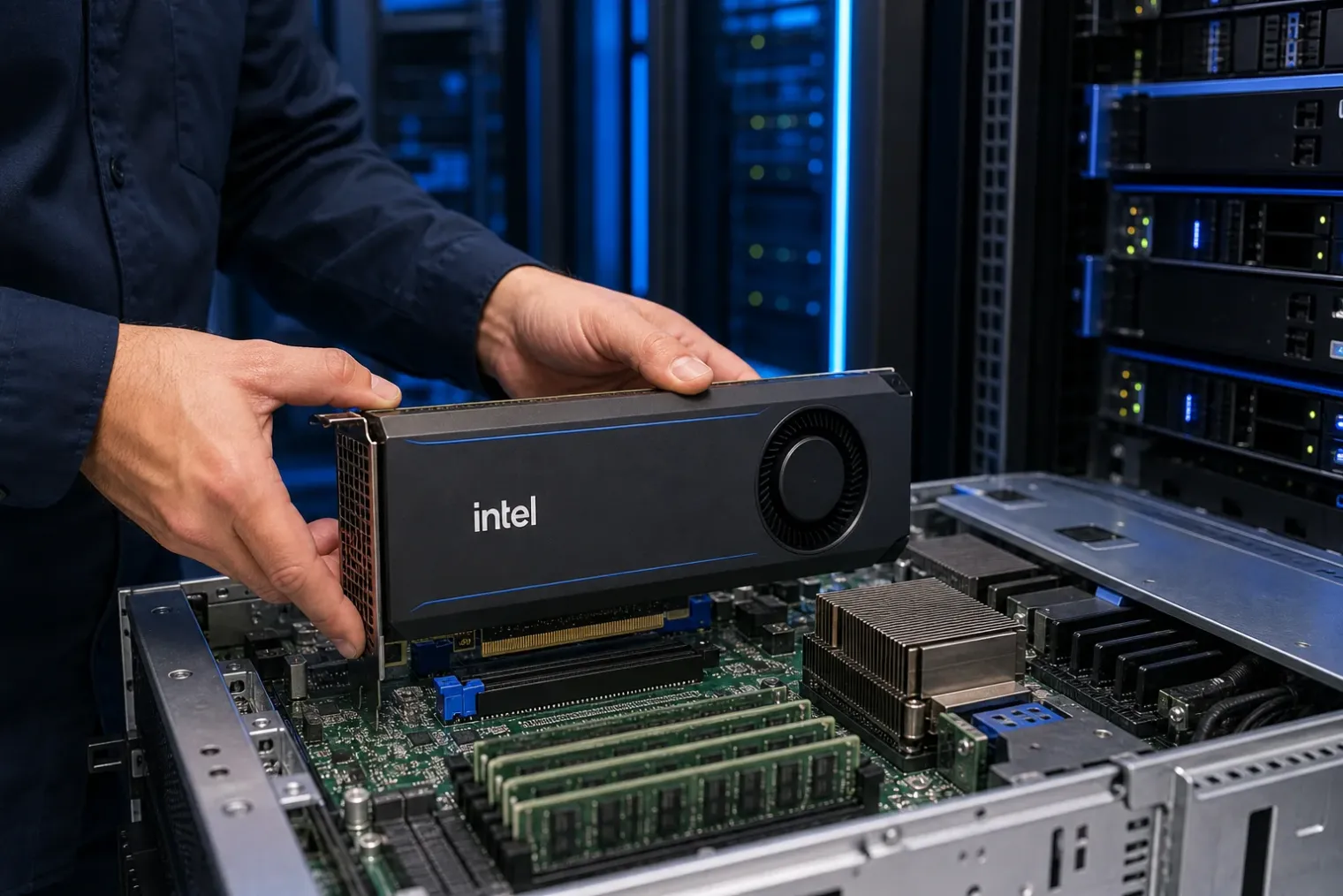 An Intel-branded air-cooled data-centre GPU installed in a modern server rack with memory modules and cooling hardware visible.