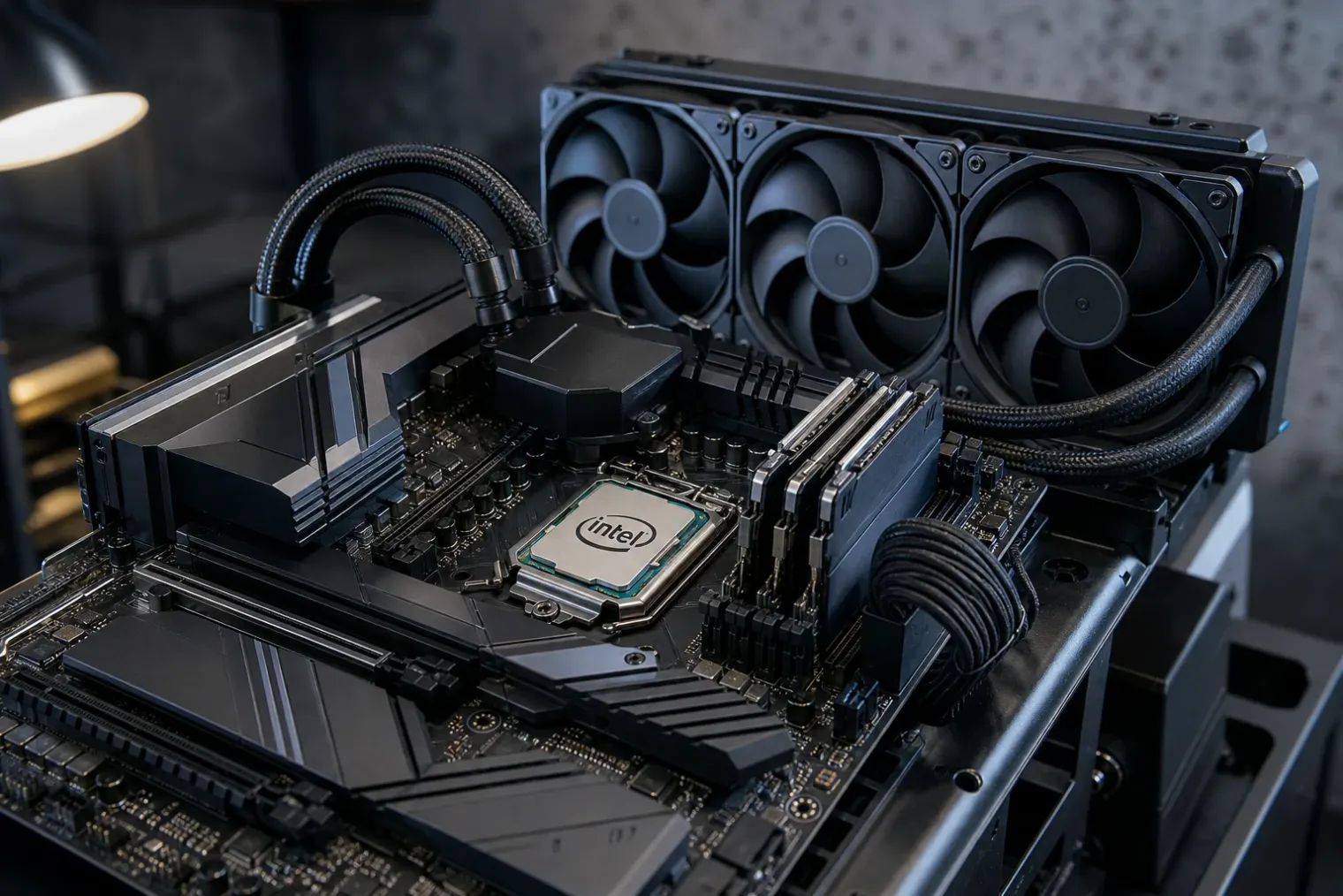 An Intel desktop processor on a motherboard beside a liquid CPU cooler in a high-performance PC test bench.