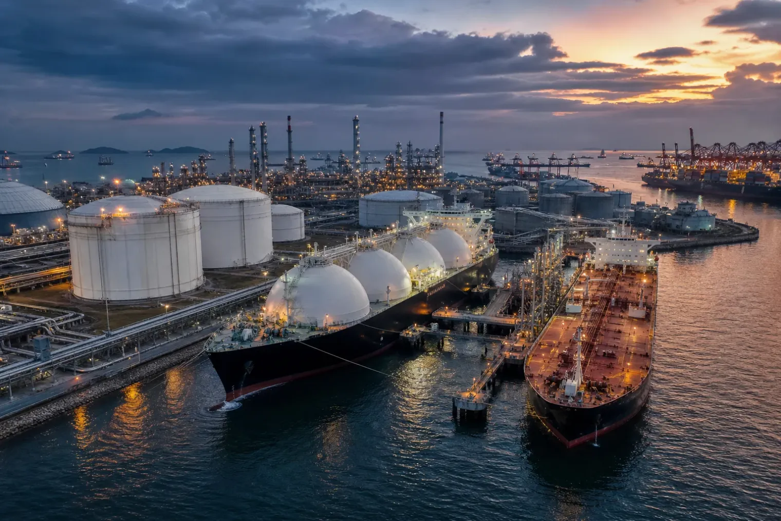 An LNG carrier and oil tanker near a busy import terminal, with storage tanks and refinery infrastructure in the background.